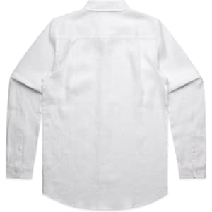 A white linen button-up shirt with long sleeves and a collar, featuring a simple design on the back.
