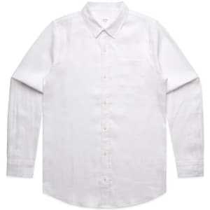 A white linen button-up shirt with long sleeves and a chest pocket. It features a collar and a logo.