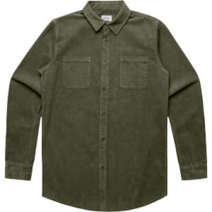 A button-up cord shirt in olive green with two chest pockets and a collared neckline. It features long sleeves and a logo.