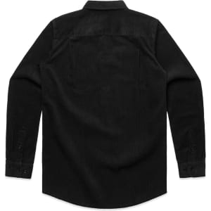 A black cord shirt with long sleeves, featuring a standard collar and back yoke detail. Includes buttoned cuffs and a logo.