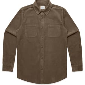 A button-up cord shirt in a brown hue featuring a collared neck and two chest pockets. It has a subtle logo.
