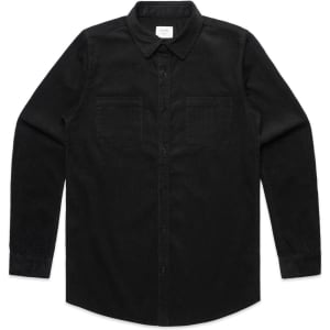 A black cord shirt featuring a button-up design and two chest pockets, with a collar and long sleeves.