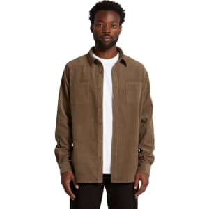 A button-up shirt in a brown cord fabric, featuring two front pockets and a classic collar.