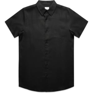 A black button-up shirt with short sleeves and a front pocket, featuring a collar and a logo.