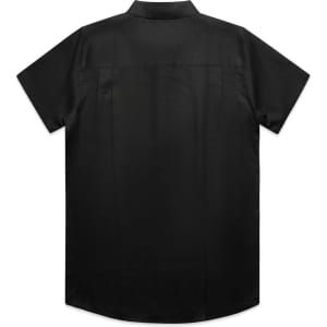 A black short-sleeve button-up shirt with a back yoke and a collar, featuring a logo.