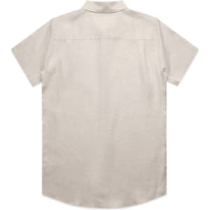 A short-sleeved beige linen button-up shirt with a classic collar, featuring a back yoke and no visible logo.