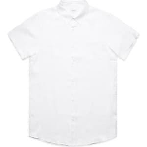 A white short sleeve button-up shirt featuring a pocket and a logo.