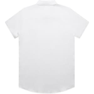 A white short-sleeve button-up shirt with a back yoke and a single central back seam. It features a collar and has a logo.