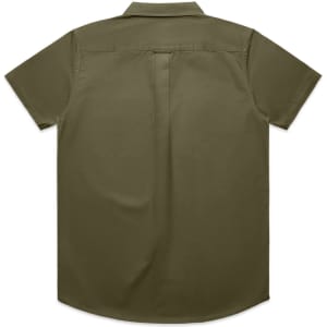 A short-sleeved work shirt in olive green, featuring a back pleat and a collar. It has a logo on the side.