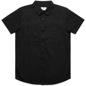 A black short-sleeved work shirt featuring two chest pockets and a collar, with a logo on the label.