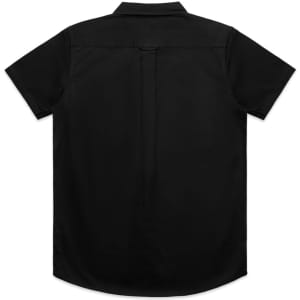 A black short-sleeve work shirt featuring a back yoke and a subtle logo on the back.
