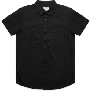 A black short-sleeved work shirt featuring two chest pockets and a button-up front. It includes a logo.