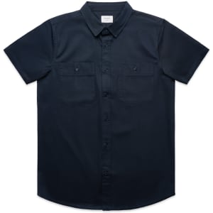 A navy blue short-sleeved shirt with two chest pockets and a collared neckline, featuring a small logo.