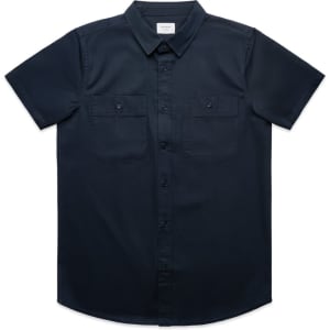 A dark navy short-sleeve work shirt with two front pockets and a collar. The shirt features a logo.