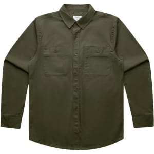 An olive green long-sleeve work shirt with a button-down collar and two chest pockets. Features a logo.