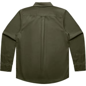 A green work shirt with long sleeves and a back vent detail. It features a collar and buttoned cuffs.