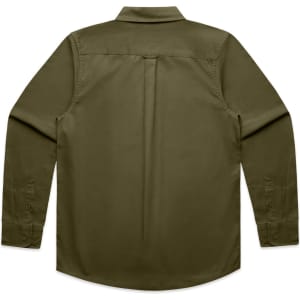 A green work shirt with long sleeves and a collar, featuring a back yoke and a logo.