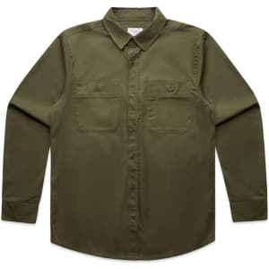An olive green work shirt with a collar, long sleeves, and two front pockets. It features a logo on the label.