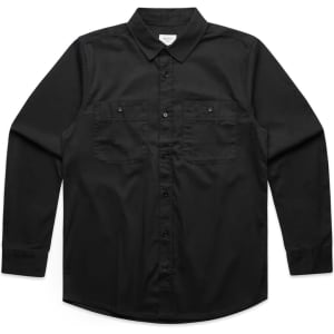 A black long-sleeve work shirt with two chest pockets and a collar, featuring a branded logo.