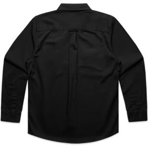 A black long-sleeved work shirt with a button-down collar and a back pleat, featuring a logo on the sleeve.