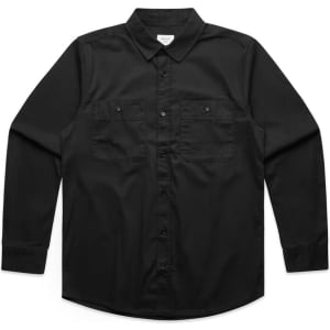 A black work shirt with long sleeves, a collar, and two front pockets. It features a logo.