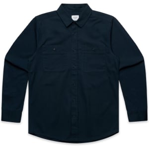 A navy work shirt with a button-down collar and two chest pockets, featuring a logo.