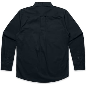 A black work shirt featuring long sleeves and a buttoned cuff, showing the back view. It has a logo on the fabric.