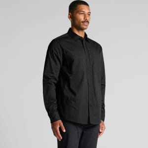 A black work shirt featuring long sleeves and a button-up front, displayed on a mannequin.