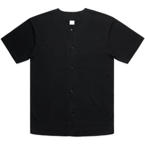 A black heavy baseball jersey featuring buttons and a classic design, suitable for sports uniforms.