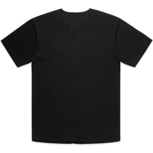 A black heavy baseball jersey with a simple design and short sleeves, featuring a logo on the front.