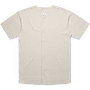 A beige Heavy Baseball Jersey with short sleeves and a button-up front. It features a logo on the label.