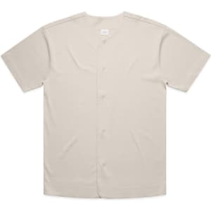 A light beige heavy baseball jersey with short sleeves and a front button closure. It features a logo on the chest area.