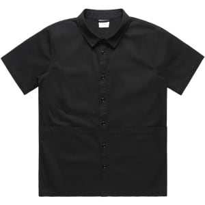 A black button-up shirt with short sleeves and a front pocket, featuring a logo.