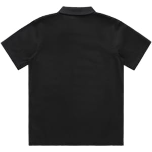 A black short-sleeved button-up shirt with a collar, featuring a logo on the back.