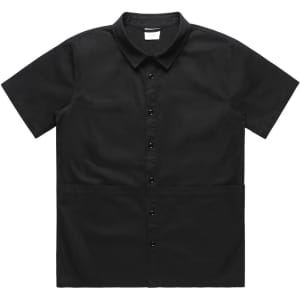 A black short-sleeved button-up shirt featuring a collar and a logo.