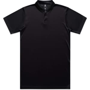 A black polo shirt featuring a collar and buttons, with a logo on the front. Suitable for workwear.