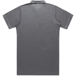 A grey polo shirt featuring a classic collar and short sleeves, with a logo on the back.