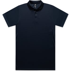 A dark navy polo shirt with a collar and three buttons. It features a logo on the fabric.
