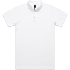 A white polo shirt with a collar and buttons, featuring a logo on the chest. Suitable for workwear.