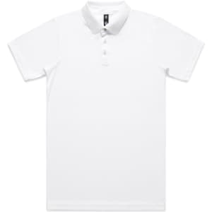 A white polo shirt with a collar, featuring a logo on the chest area.