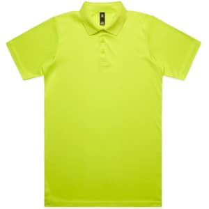 A bright lime green polo shirt with a classic collar and short sleeves, featuring a logo.