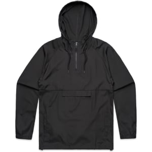 A black windbreaker jacket with a hood and a front pocket. It features a logo on the chest.