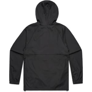 A black windbreaker jacket with a hood, featuring long sleeves and a simple design. It has a logo on the back.