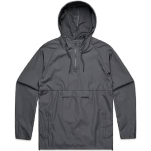 A grey windbreaker jacket with a hood and a front pocket, featuring a logo on the chest.