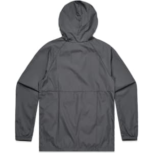 A grey windbreaker jacket with a hood and long sleeves, featuring a simple design and elastic cuffs.