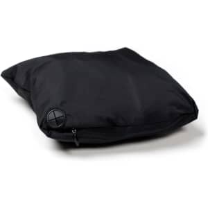 A black Cyrus Windbreaker folded and zipped for easy storage, featuring a logo on one side.
