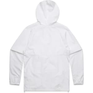 A white jacket with a hood, featuring long sleeves and an elasticised hem. It has a logo on the back.