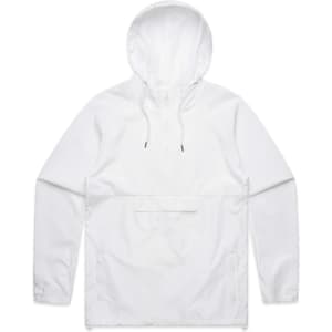 A white windbreaker jacket with a hood and front pocket. Features a logo on the chest.