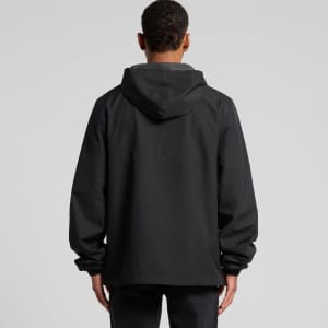 A black Tech Windbreaker jacket featuring a hood and a relaxed fit, showcasing a simple design from the back.