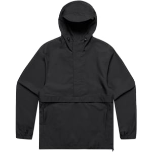 A black windbreaker jacket with a hood, featuring an adjustable neckline and a front pocket. It has a logo.